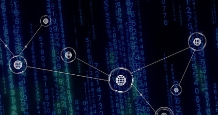 Image of global communication network over data processing on blue background