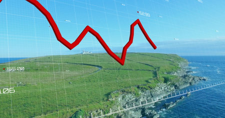 Image of red line and financial data processing over landscape