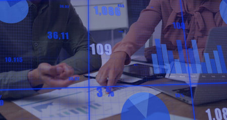 Image of financial data processing over diverse business people in office