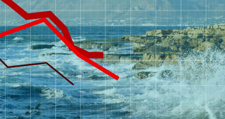 Image of red lines and financial data processing over seascape