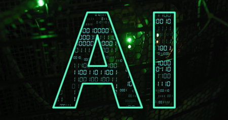 AI text with binary code image over dark technological backgroundの写真素材
