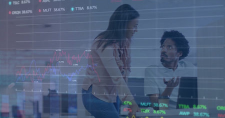 Image of financial data processing over diverse colleagues discussing work in officeの写真素材