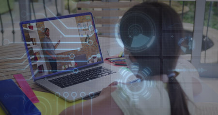Image of round scanner and microprocessor connections against girl having a image call on laptop