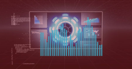 Data visualization image with circular and bar graphs over digital interface