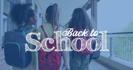 Image of back to school text over happy diverse school kids at school