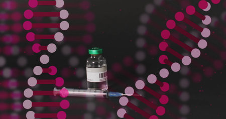 DNA strand image over syringe and vial on dark backgroundの写真素材