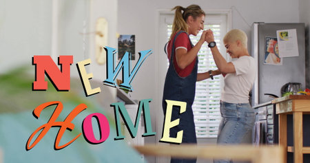 Image of new home text over gay lesbian couple dancing at homeの写真素材