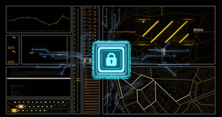 Image of data processing and padlock icon over dark background