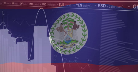 Belize flag with currency exchange rates image over financial data chartsの写真素材