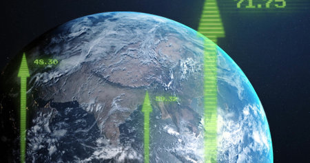 Image of digital data processing and arrows over globe on dark background