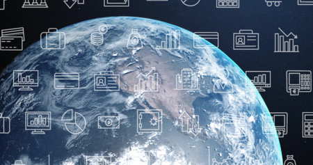 Image of business icons and digital data processing over globe on dark backgroundの写真素材