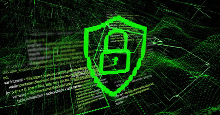 Image of data processing and padlock icon over dark backgroundの写真素材