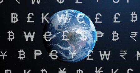 Image of currency symbols and financial data processing over globeの写真素材