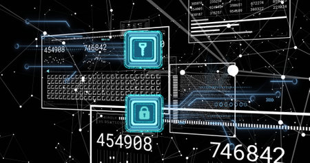 Image of data processing and padlock and key icons over dark background