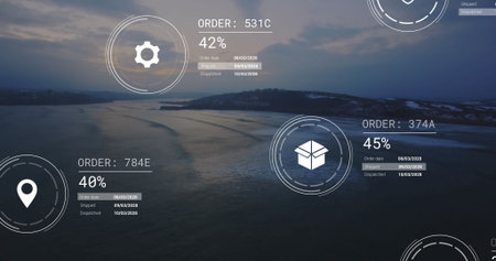 Image of network of icons and data processing over landscape. Global connections, computing and data...