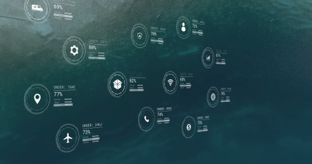 Image of network of icons with data processing over seascape. Global connections, computing and data...