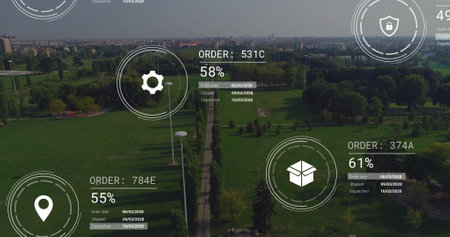 Image of network of icons and data processing over landscape. Global connections, computing and data...