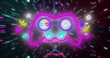 Image of neon image game pad and icons on black background. Global image game, digital interface,...