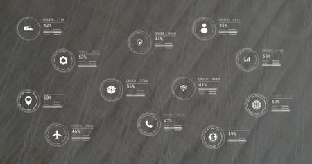 Image of network of icons and data processing over landscape. Global connections, computing and data processing concept digitally generated image.の写真素材