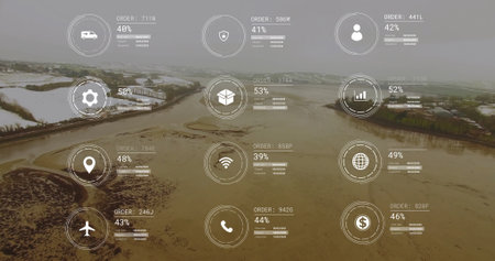Image of network of icons and data processing over landscape. Global connections, computing and data processing concept digitally generated image.の写真素材