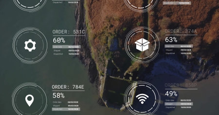 Image of network of icons and data processing over landscape. Global connections, computing and data processing concept digitally generated image.の写真素材