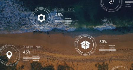 Image of network of icons and data processing over landscape. Global connections, computing and data...