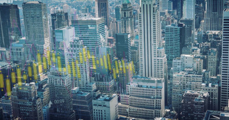 Image of financial data processing over cityscape. Global finance, business, connections, computing...