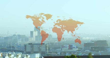 Image of world map and financial data processing over cityscape. Global finance, business, connections, computing and data processing concept digitally generated image.の写真素材