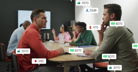 Image of notification bars over diverse coworkers discussing reports in meeting at office. Digital...