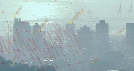 Image of financial data processing over cityscape. Global finance, business, connections, computing...