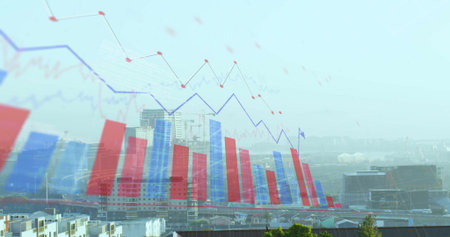 Image of financial data processing over cityscape. Global finance, business, connections, computing...