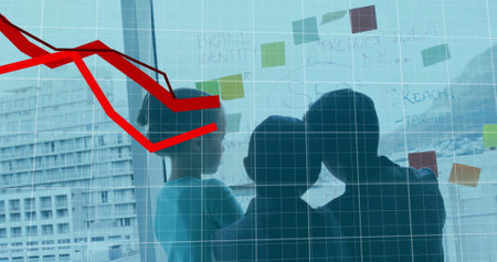 Image of falling graphs, grid pattern, diverse children talking and writing in transparent wall. Digital composite, multiple exposure, report, business, loss, reduction, togetherness, childhood.の写真素材