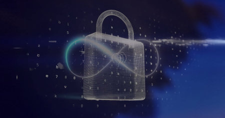 Image of padlock and data processing over infinity sign. Global finance, business, connections, computing and data processing concept digitally generated image.の写真素材