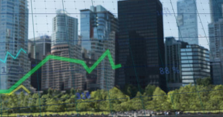 Image of financial data processing over cityscape. Global finance, business, connections, computing...