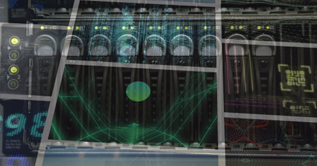 Image of flashing lights on computer server over colourful clips playing on composite screens....