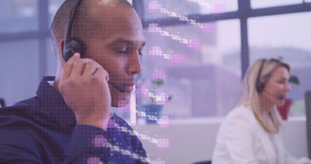 Image of dna strand over diverse business people. global business, technology and digital interface...