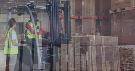 Image of data processing over diverse male and female workers discussing at the warehouse. Logistics business and technology conceptの写真素材