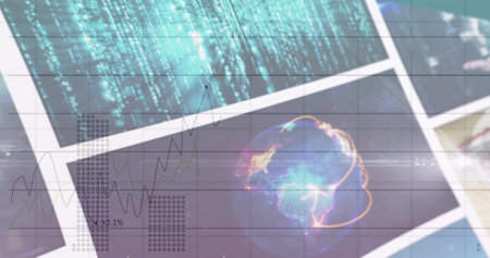 Image of charts and data processing over various clips playing on composite screens. global communication, data technology and digital interface concept digitally generated image.の写真素材