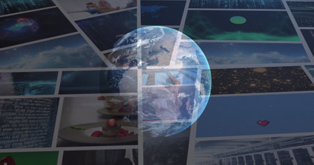 Image of globe in space over colourful clips playing on composite screens. global communication, data technology and digital interface concept digitally generated image.の写真素材