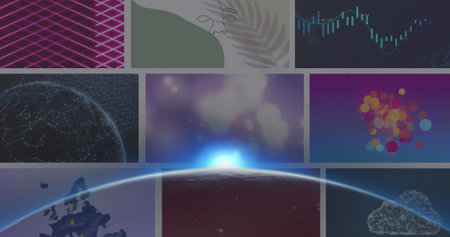 Image of 6g text over glowing globe over colourful clips playing on composite screens. global communication, data technology and digital interface concept digitally generated image.の写真素材
