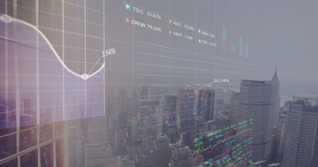 Image of data processing over cityscape. Global communication and data networking concept digitally...