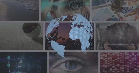 Image of white globe rotating over various clips playing on composite screens. global communication,...