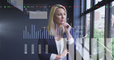 Image of financial data processing over caucasian businesswoman. global business, technology and...