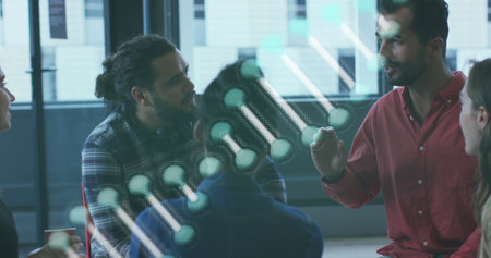 Image of dna strand over diverse business people. global business, technology and digital interface concept digitally generated image.の写真素材