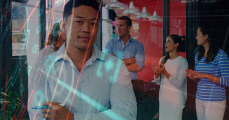 Image of data processing over diverse business people talking. Global business and digital interface...
