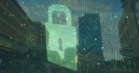 Image of data processing over cityscape. global business and digital interface concept digitally generated image.の写真素材