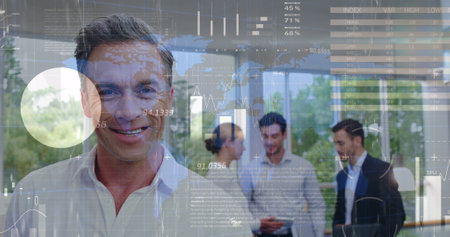 Image of data processing over diverse business people talking. Global business and digital interface concept digitally generated image.の写真素材