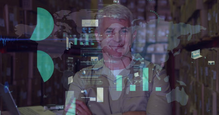 Image of statistical data processing over caucasian male worker smiling at the warehouse. Logistics business and technology conceptの写真素材