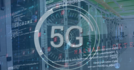 Image of data processing and scope scanning with 5g text over server room. Global technology, computing and digital interface concept digitally generated image.の写真素材
