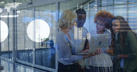 Image of data processing over diverse business people talking. Global business and digital interface...